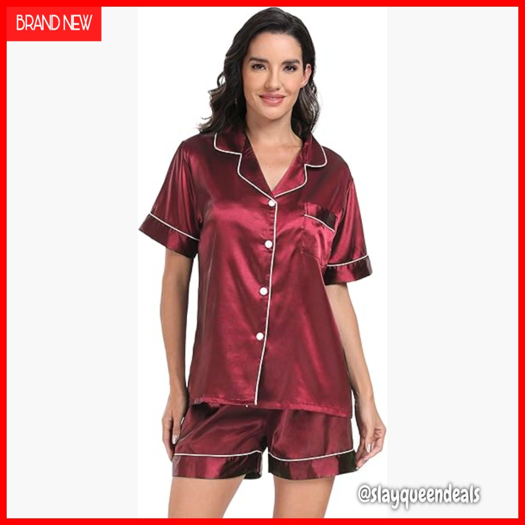 Satin Pajama Set Short Sleeve Top Button Down Sleepwear Lounge